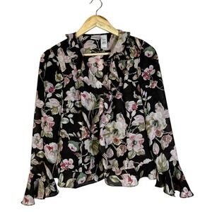 Emma James Petite Black Floral Ruffle Neck Long Sleeve Blouse Women's Size 6